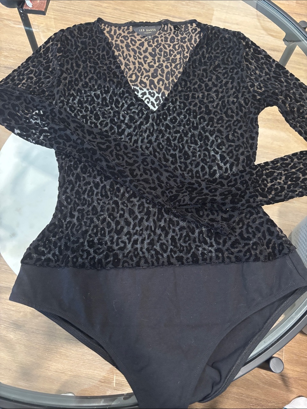 Ted Baker Black Leopard-Print V-Neck Long Sleeve Bodysuit